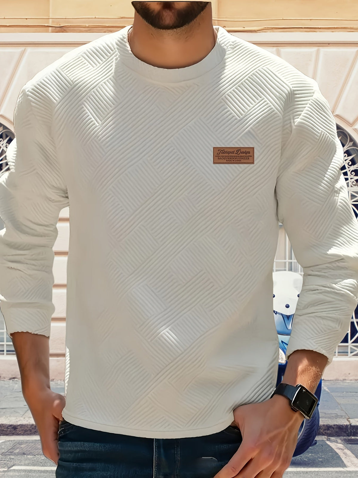 Sweatshirt Mens Crew Neck Textured Pullover Ribbed Trim Everyday