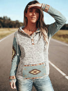 Hoodie Womens Western Aztec Pattern Trim Hooded Sweatshirt Cozy