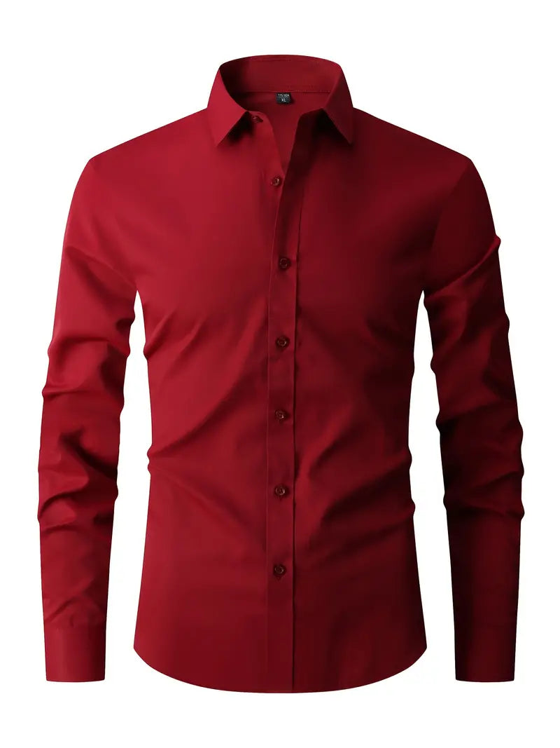 Fall Long Sleeve Semi Formal Button Up Dress Shirt for Men in Red
