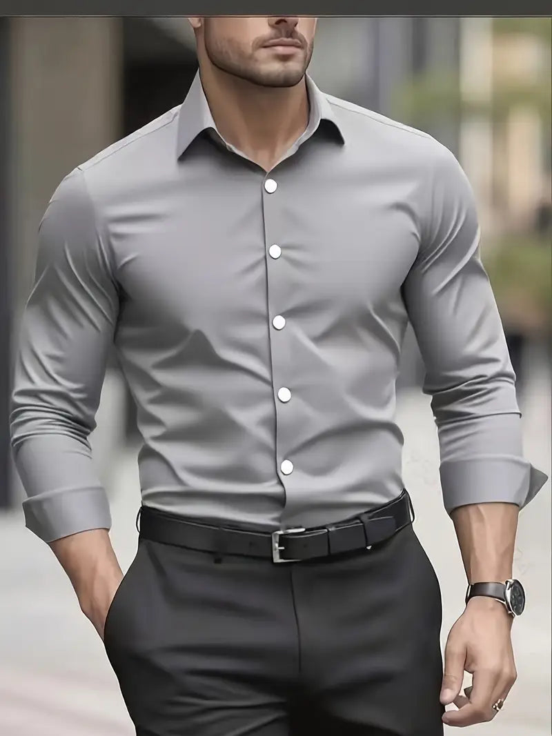 Fall Slim Fit Breathable Long Sleeve Dress Shirt for Men in Gray