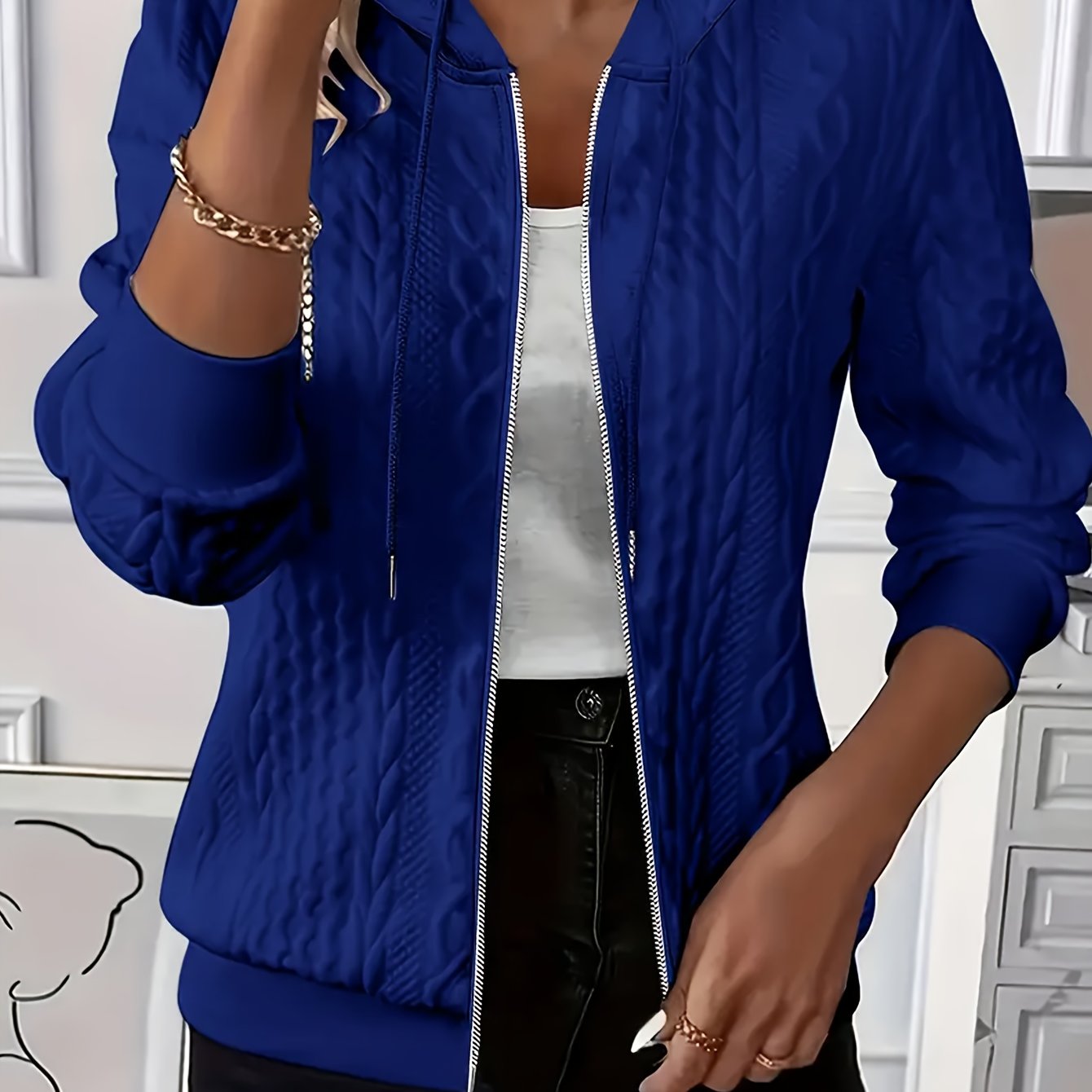 Fleece Jacket Womens Textured Hooded Zip Up Relaxed Fit Layering