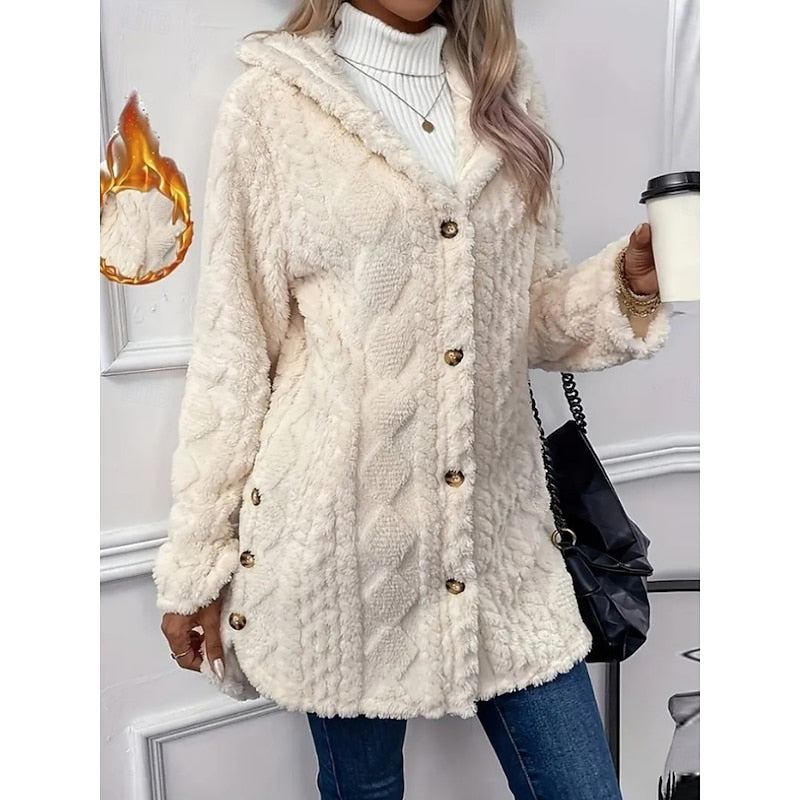 Fleece Jacket Womens Hooded Textured Relaxed Zip Front Soft Warm