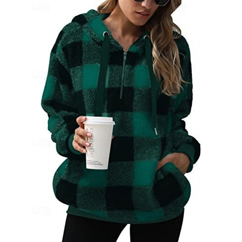 Hoodie Womens Quarter Zip Checkered Soft Fleece Pullover Plus Size