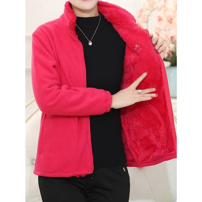 Fleece Jacket Womens Stand Collar Zip Front Plus Size Soft Warm