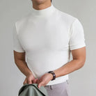 Fall Lightweight Mock Neck Short Sleeve T-Shirt for Men in White