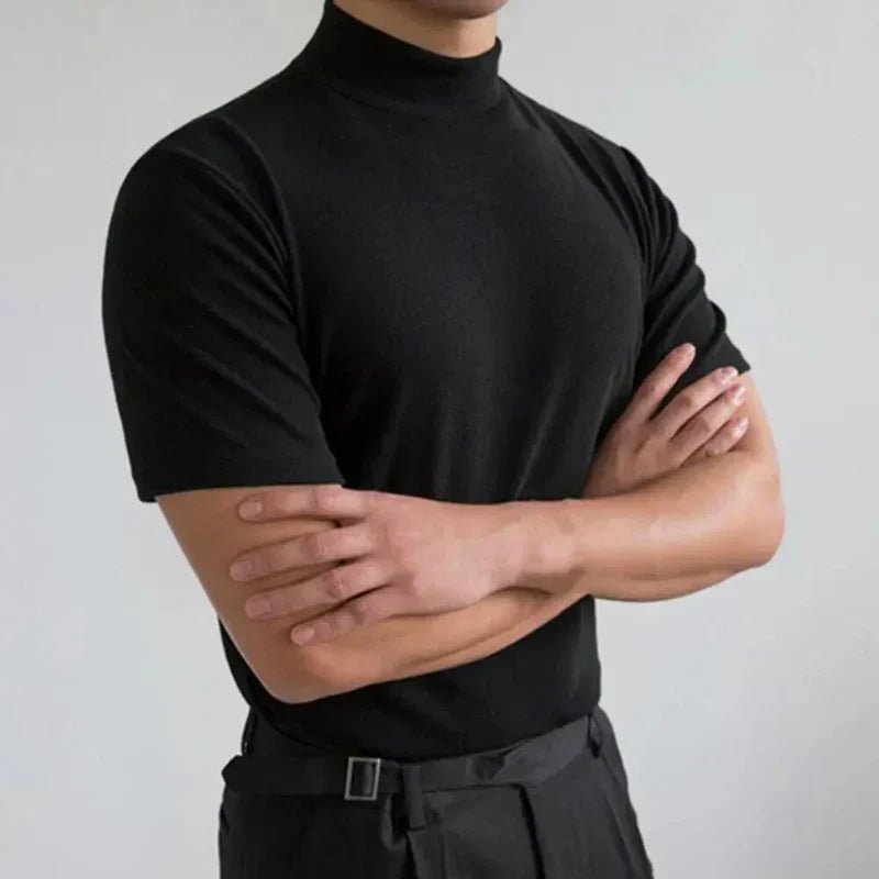 Fall Lightweight Mock Neck Short Sleeve T-Shirt for Men in Black