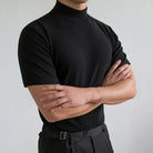 Fall Lightweight Mock Neck Short Sleeve T-Shirt for Men in Black