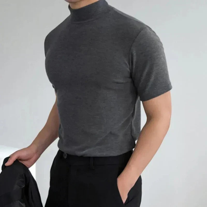Fall Lightweight Mock Neck Short Sleeve T-Shirt for Men in Charcoal Gray