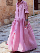 Checked cotton long sleeve swing dress in pink