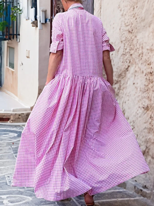 Checked cotton long sleeve swing dress, view 1