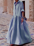 Checked cotton long sleeve swing dress in blue