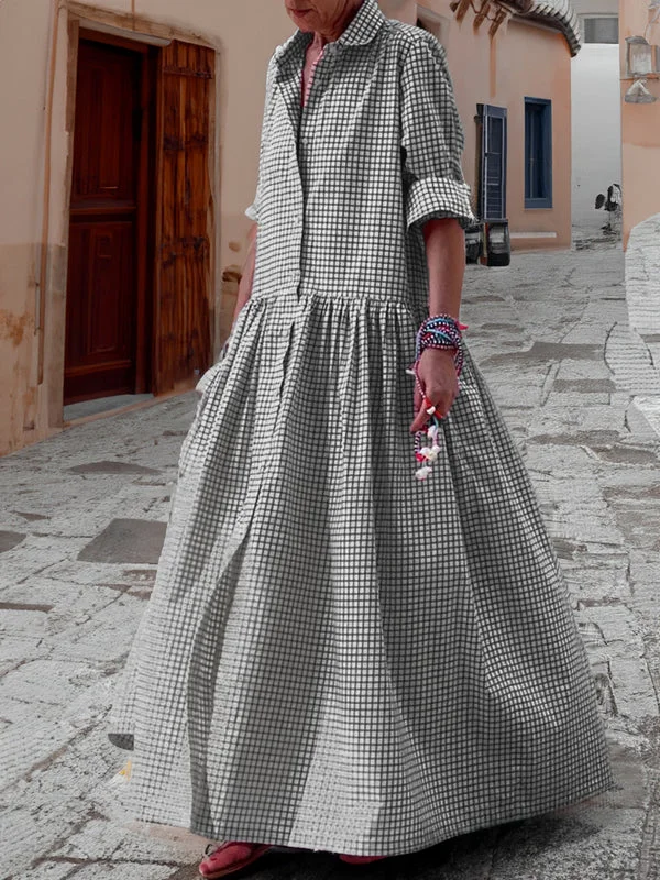 Checked cotton long sleeve swing dress in black