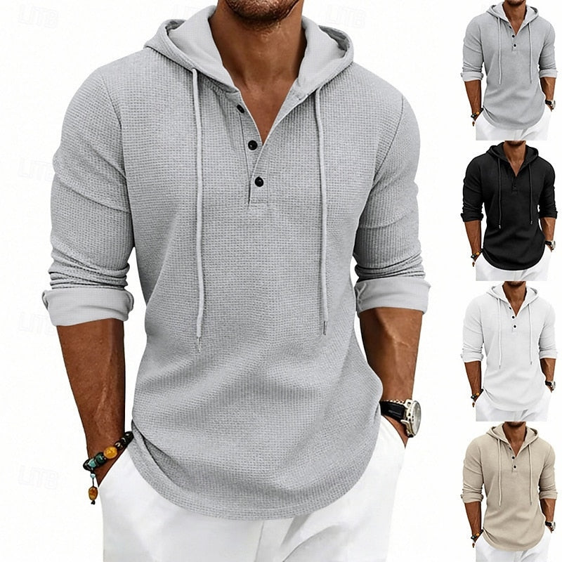 Henley Shirt Mens Hooded Long Sleeve Button Placket Relaxed Layer