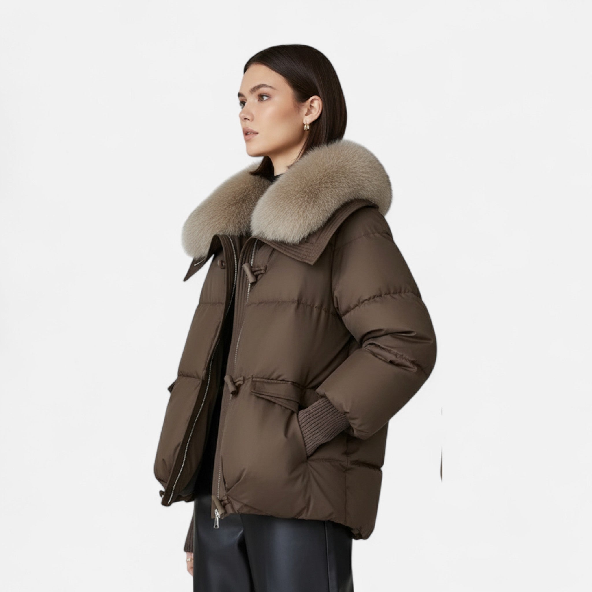 Puffer Jacket Womens Oversized Faux Fur Collar Drawstring Waist