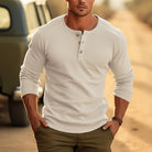 Cotton Blend Waffle Knit Henley Long Sleeve Shirt for Men in White