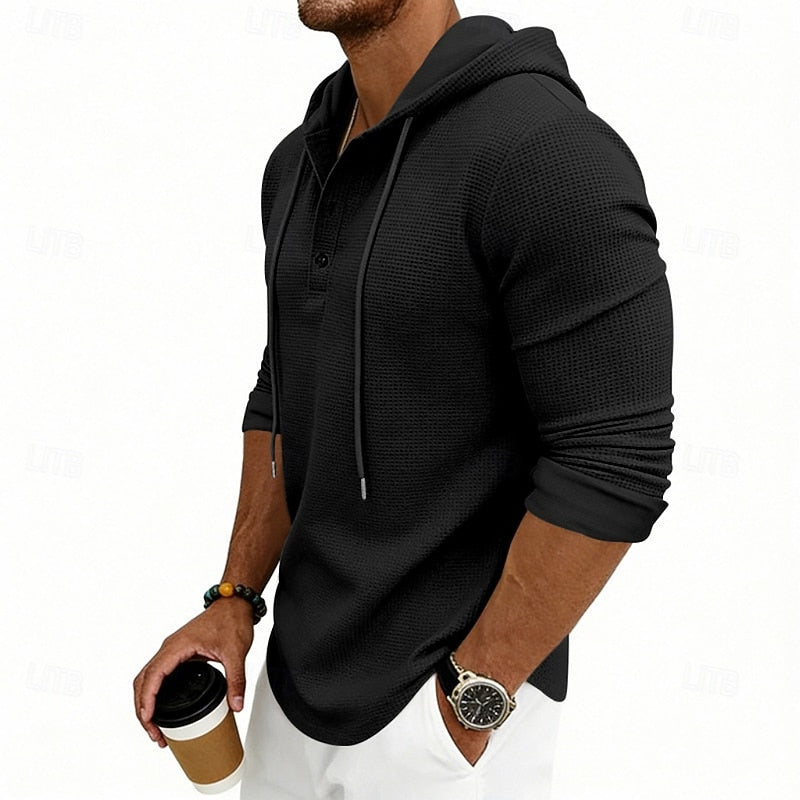 Henley Shirt Mens Hooded Long Sleeve Button Placket Relaxed Layer
