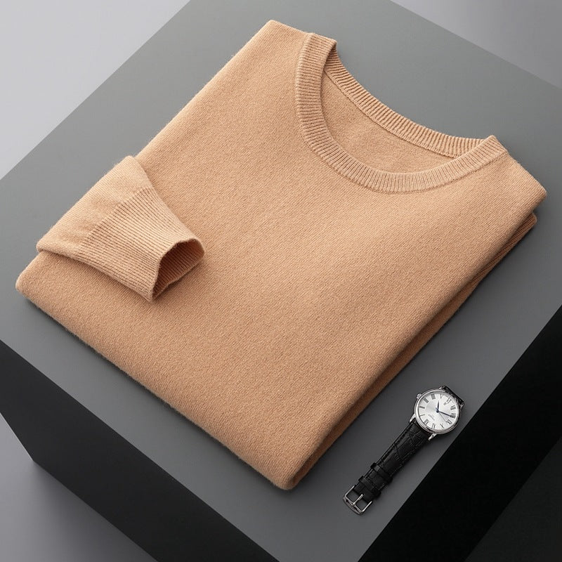 Fall Cashmere Feel Knit Crew Neck Sweater for Men in Tan