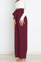 High waist paperbag pant with bow detail in wine