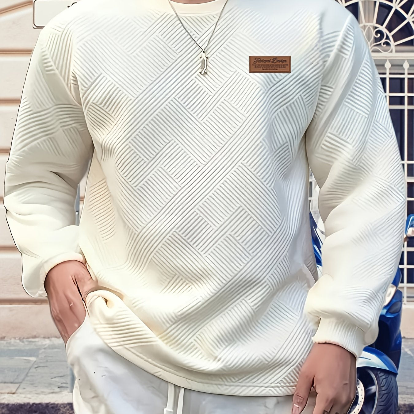Sweatshirt Mens Crew Neck Textured Pullover Ribbed Trim Everyday