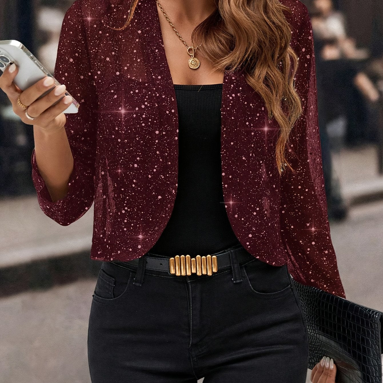 Soft shimmer cropped jacket in burgundy