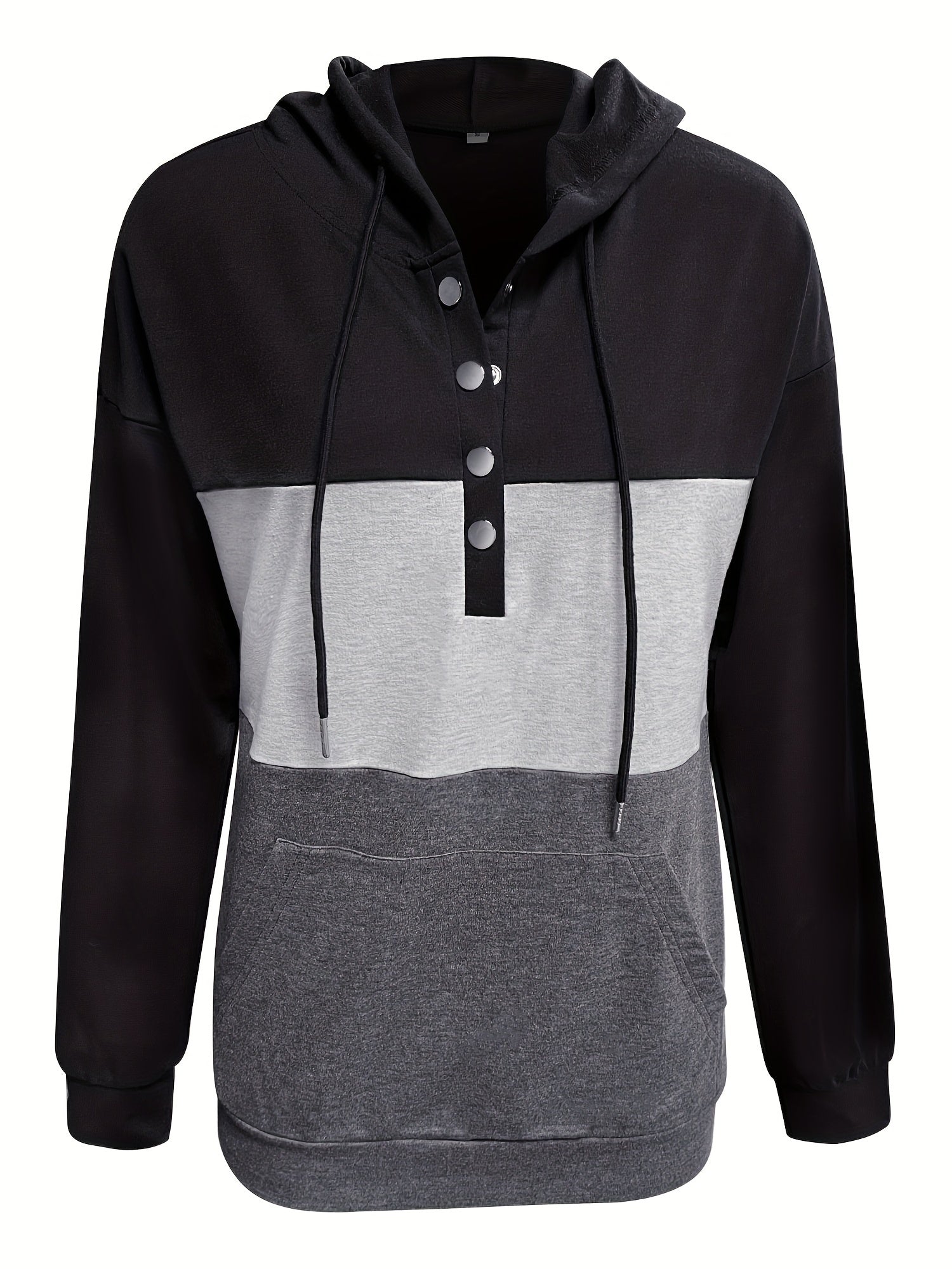 Hoodie Womens Colour Block Button Neck Pullover Soft Fleece Warm