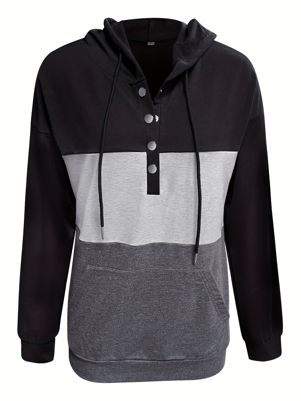 Hoodie Womens Colour Block Button Neck Pullover Soft Fleece Warm