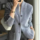 Fall Textured Stand Collar Button Cardigan for Women in Gray