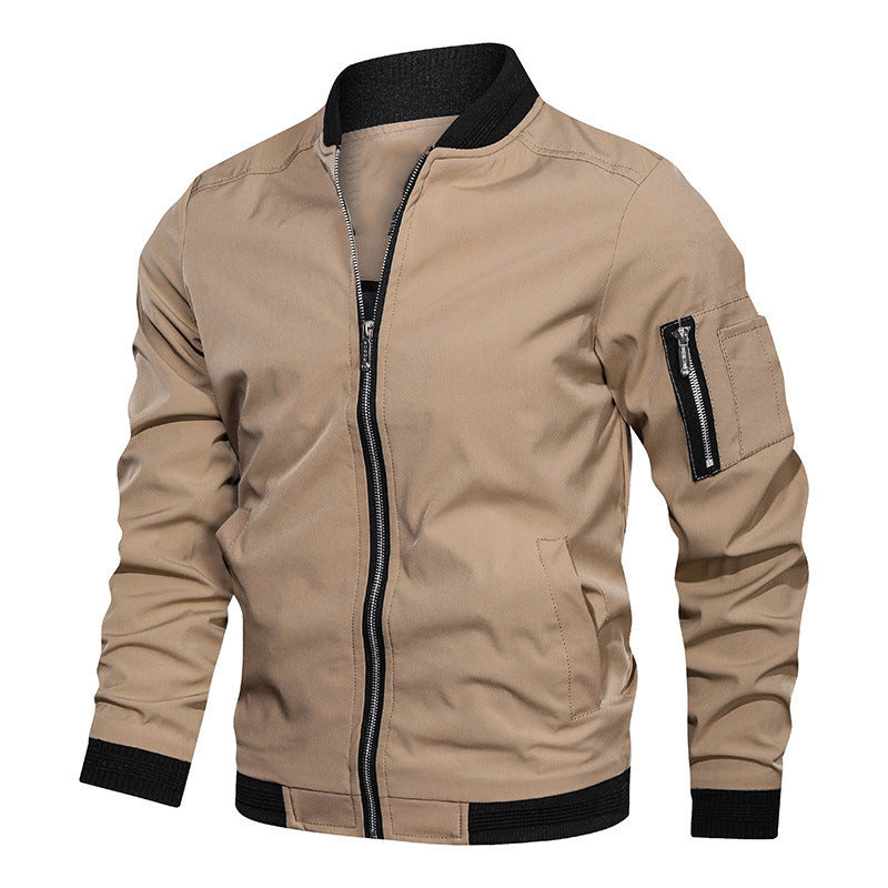 Bomber Jacket Mens Zip Front Ribbed Collar Sleeve Zip Pocket