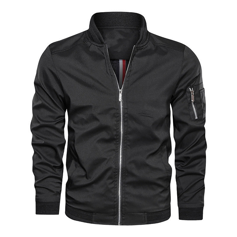 Bomber Jacket Mens Zip Front Ribbed Collar Sleeve Zip Pocket