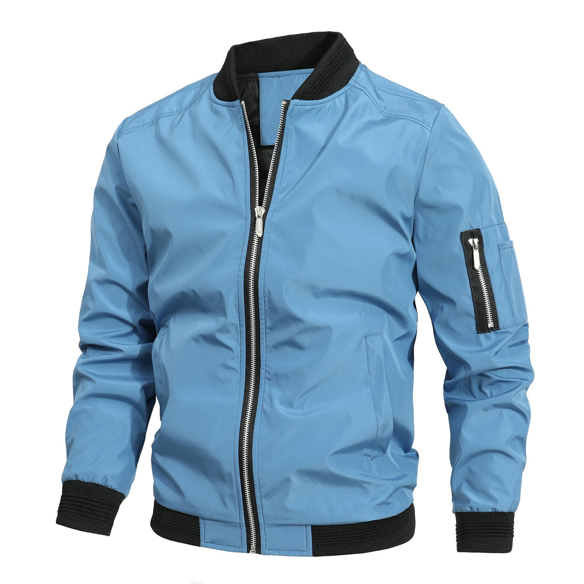 Bomber Jacket Mens Zip Front Ribbed Collar Sleeve Zip Pocket