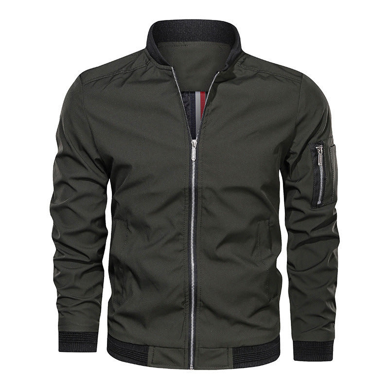 Bomber Jacket Mens Zip Front Ribbed Collar Sleeve Zip Pocket