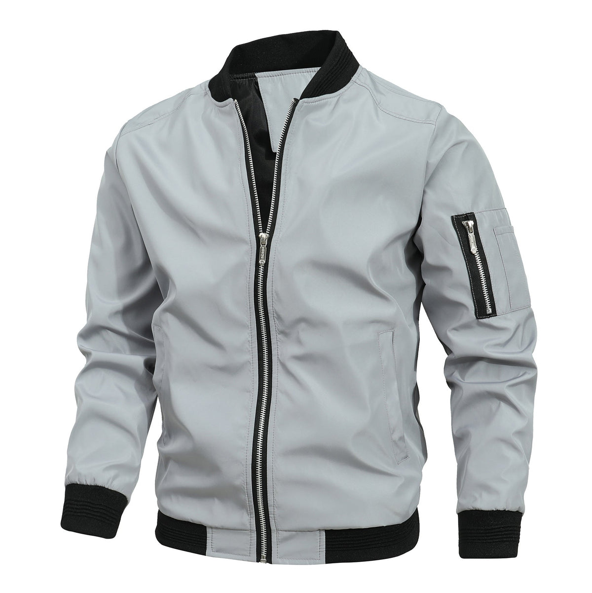 Bomber Jacket Mens Zip Front Ribbed Collar Sleeve Zip Pocket