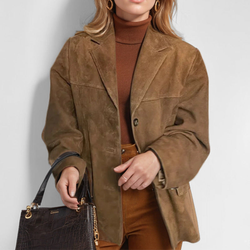 Fall Faux Leather Notch Lapel Button Front Blazer for Women in Brown