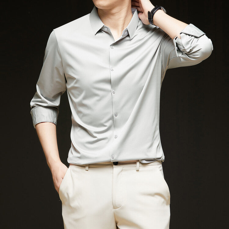 Fall Slim Fit Lightweight Button Up Dress Shirt for Men in Pale Gray