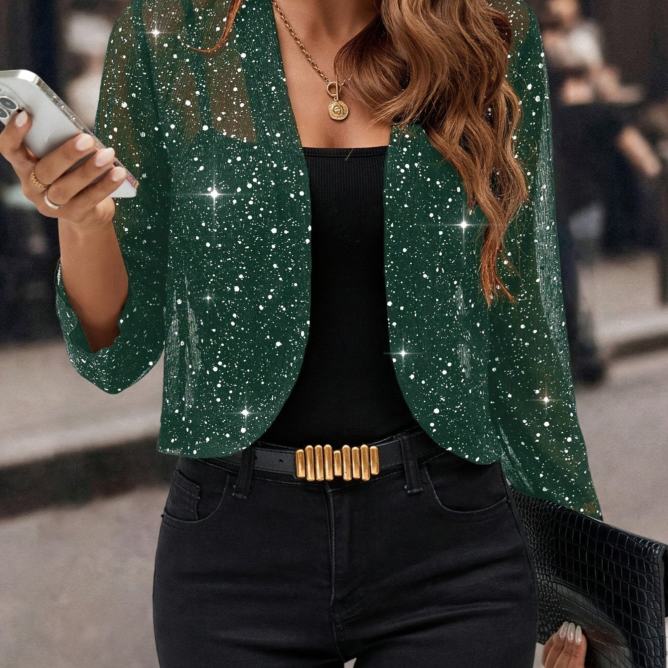 Soft shimmer cropped jacket in green
