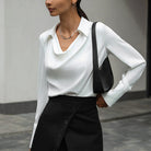 Fall Draped Cowl Neck Collared Long Sleeve Blouse for Women in White