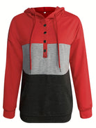 Hoodie Womens Colour Block Button Neck Pullover Soft Fleece Warm