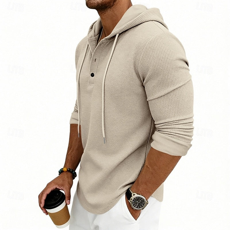 Henley Shirt Mens Hooded Long Sleeve Button Placket Relaxed Layer
