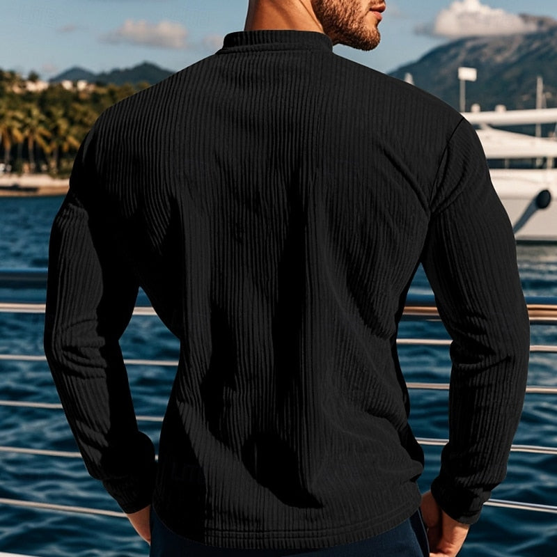 Henley Shirt Mens Ribbed Knit Long Sleeve Button Placket Fitted