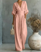 Fall V Neck High Waist Wide Leg Jumpsuit for Women in Pink