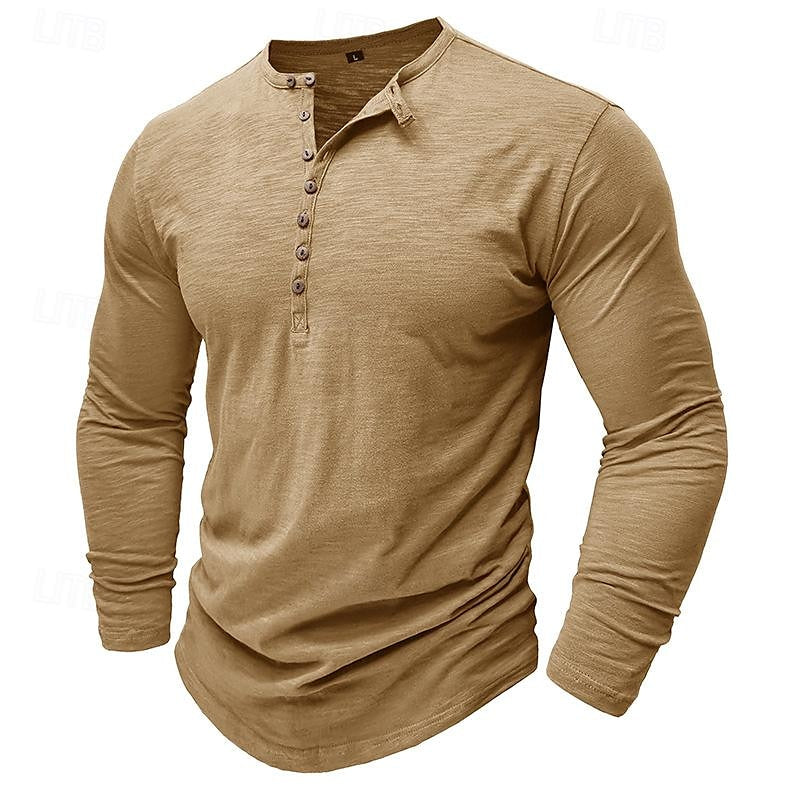 Henley Shirt Mens Long Sleeve Button Placket Cotton Classic Fit