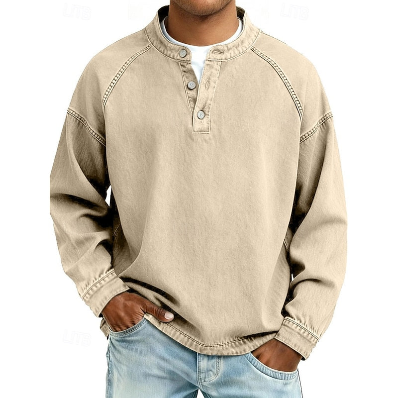 Henley Shirt Mens Washed Cotton Long Sleeve Relaxed Lived In Feel