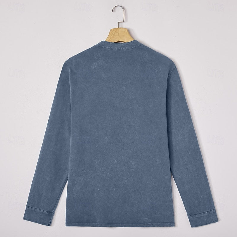Henley Shirt Mens Vintage Washed Long Sleeve Button Placket Faded