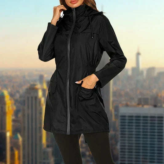 Rain Jacket Womens Hooded Lightweight Drawstring Waist Zip Front