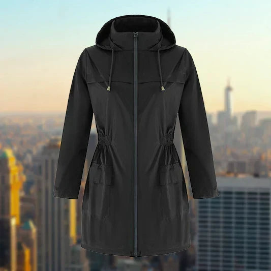 Rain Jacket Womens Hooded Lightweight Drawstring Waist Zip Front