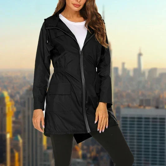 Rain Jacket Womens Hooded Lightweight Drawstring Waist Zip Front