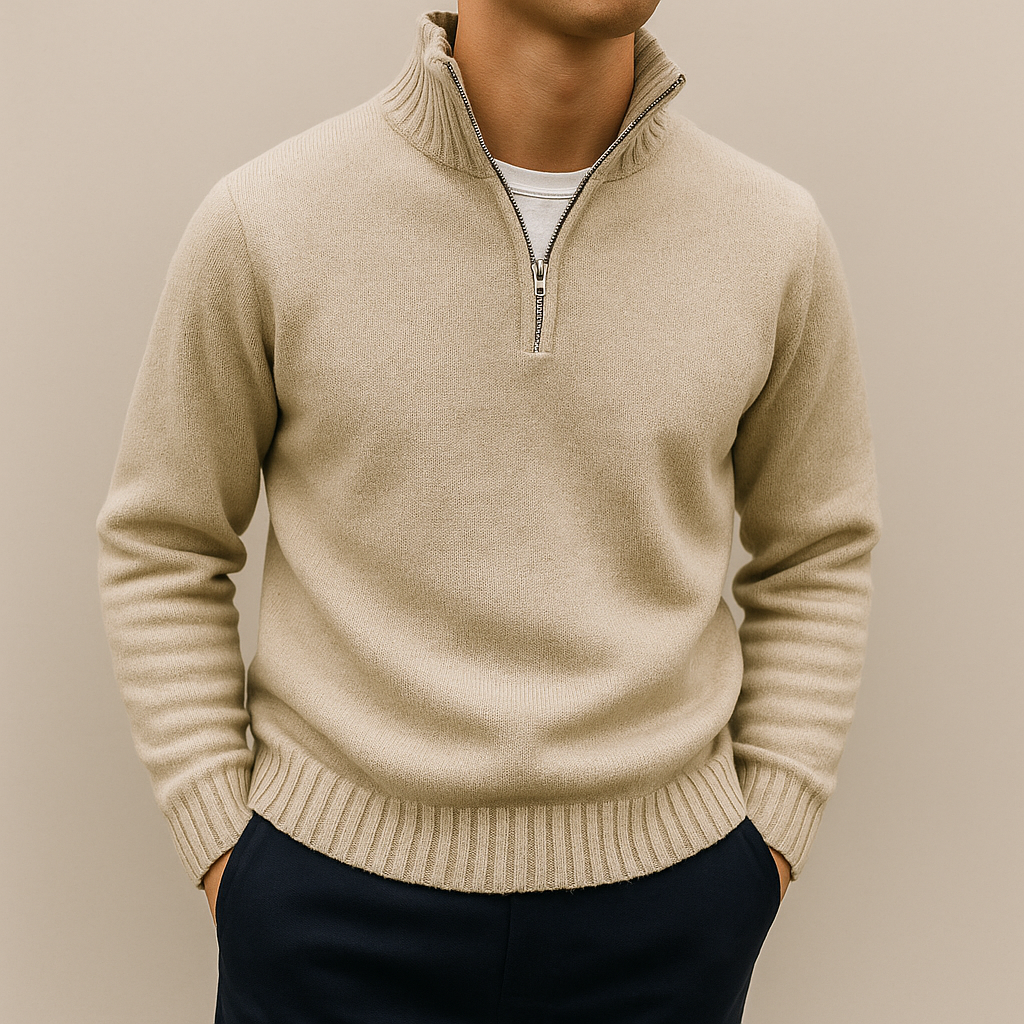 Fall Cotton Blend Stand Collar Quarter Zip Sweater for Men in Beige
