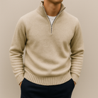 Fall Cotton Blend Stand Collar Quarter Zip Sweater for Men in Beige