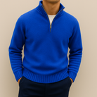 Fall Cotton Blend Stand Collar Quarter Zip Sweater for Men in Blue