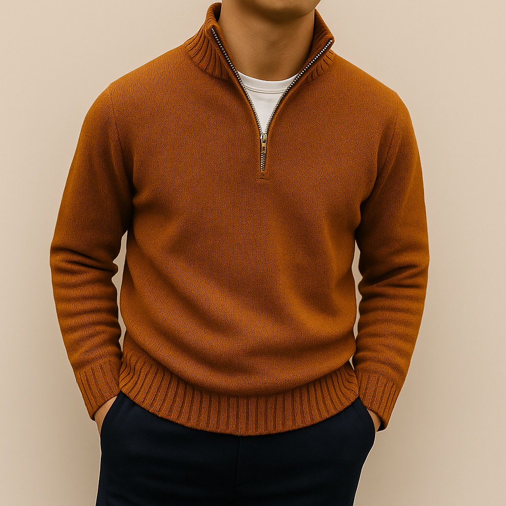 Fall Cotton Blend Stand Collar Quarter Zip Sweater for Men in Brown